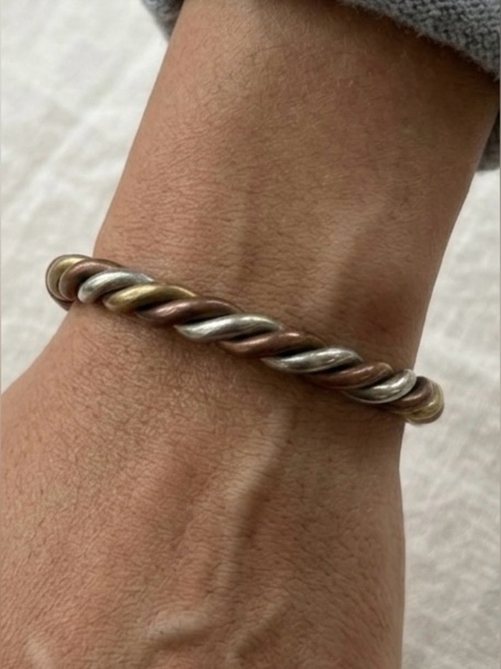 Vintage Mixed Metal Tri-Tone Twisted Cable Cuff Bracelet Copper Silver & Brass
